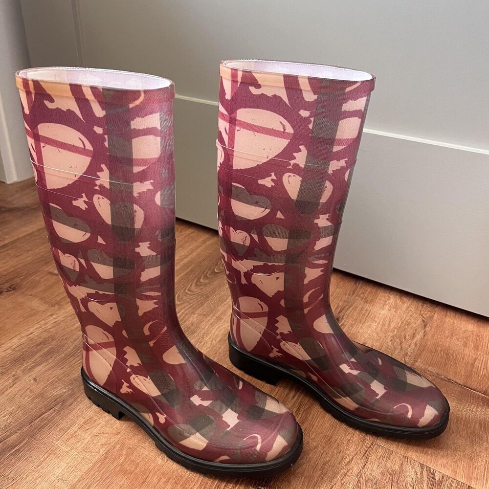 Burberry Rain Boots Women Sz 37 Hearts Pink Italy Waterproof Knee High Shoes - Picture 2 of 16